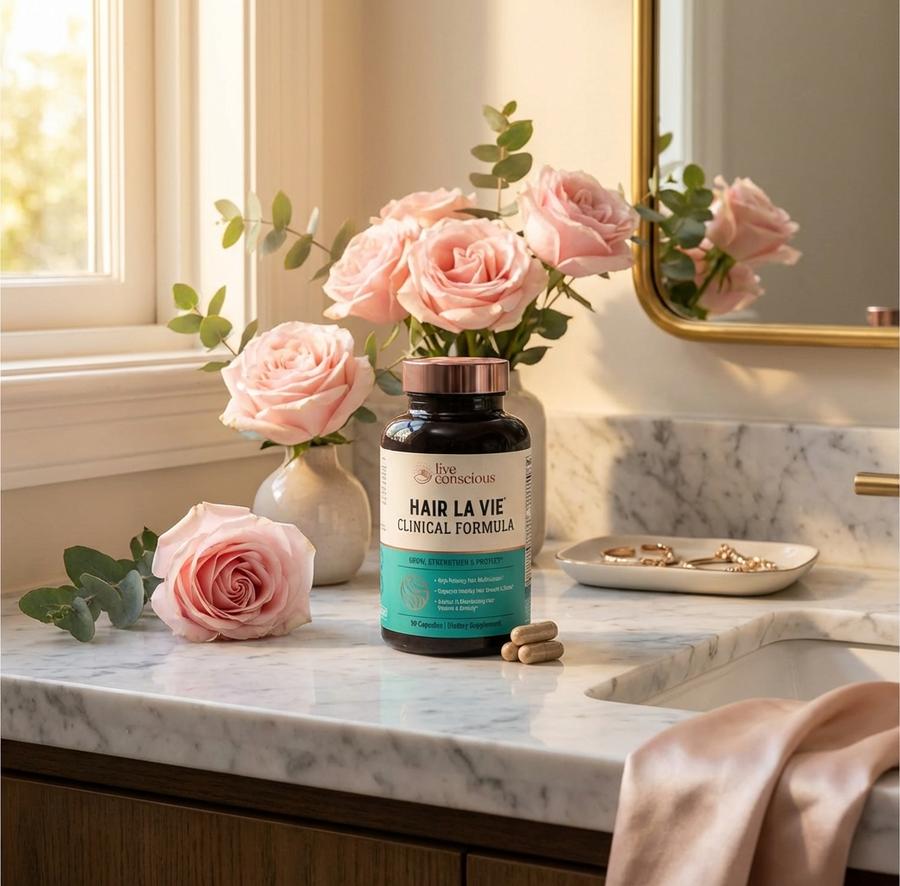 Hair La Vie Clinical Formula on marble vanity