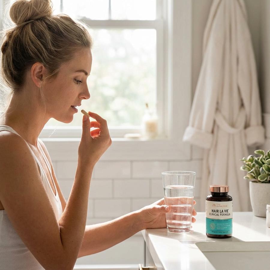 Woman taking Hair La Vie capsules